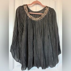 Gray gauze cotton with gold copper sequin at neck flowy blouse casual and dressy